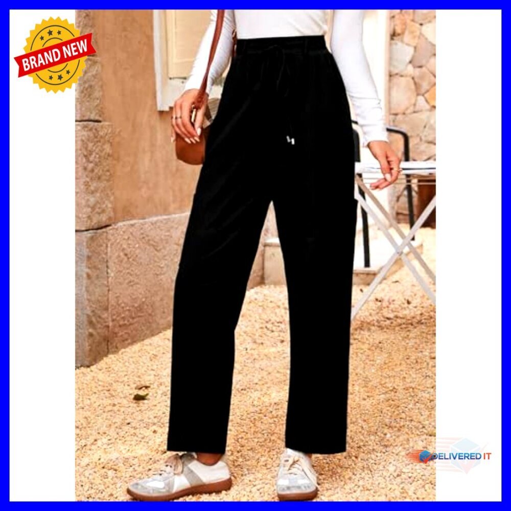 High Waisted Cotton Drawstring Pants Casual Loose Fit Travel Trousers with - Picture 4 of 6